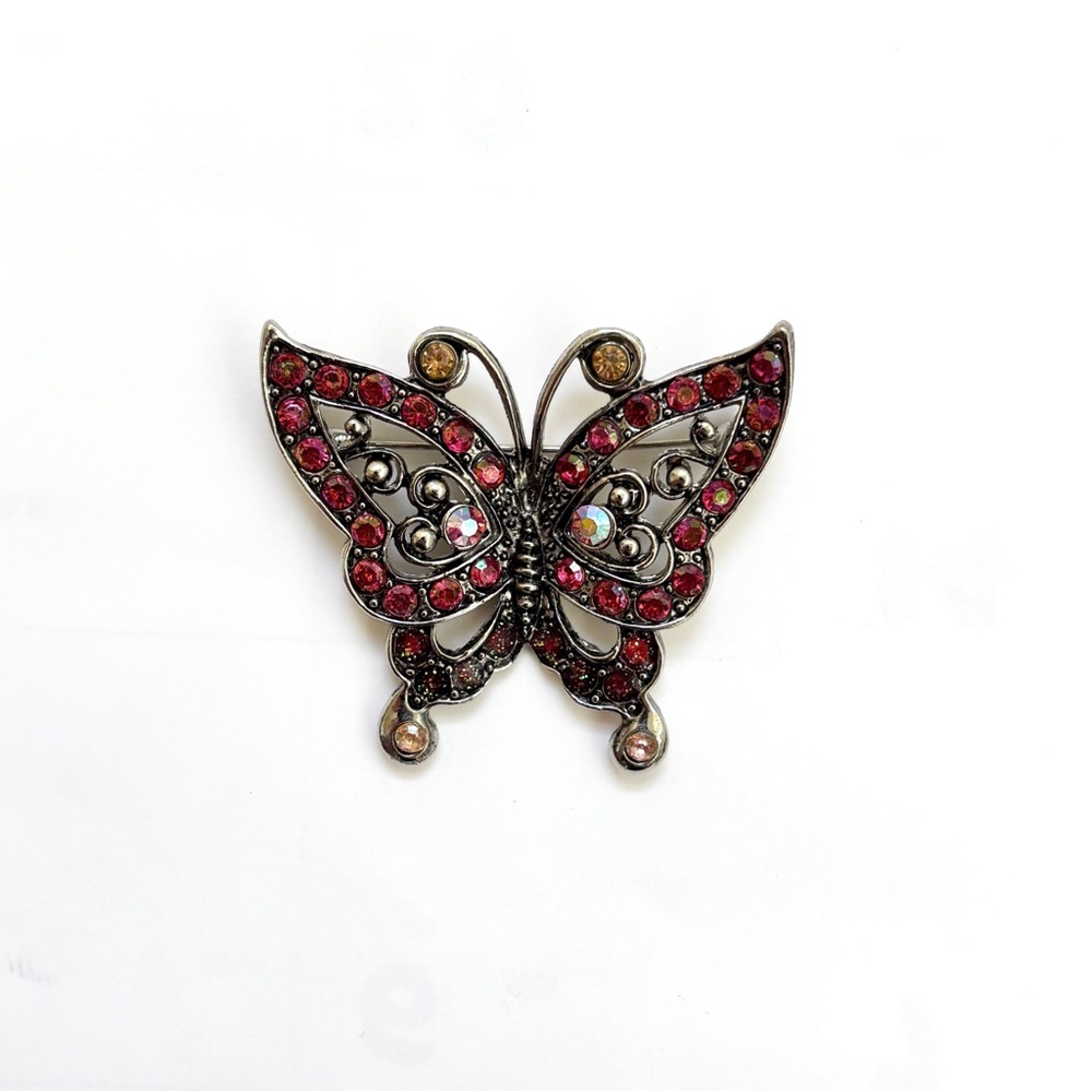 dark silver tone butterfly brooch pin with berry pink faux crystals